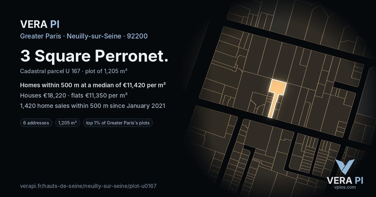 3 Square Perronet, Neuilly-sur-Seine at night – the plot lit, the parcels around coloured by the prices near them