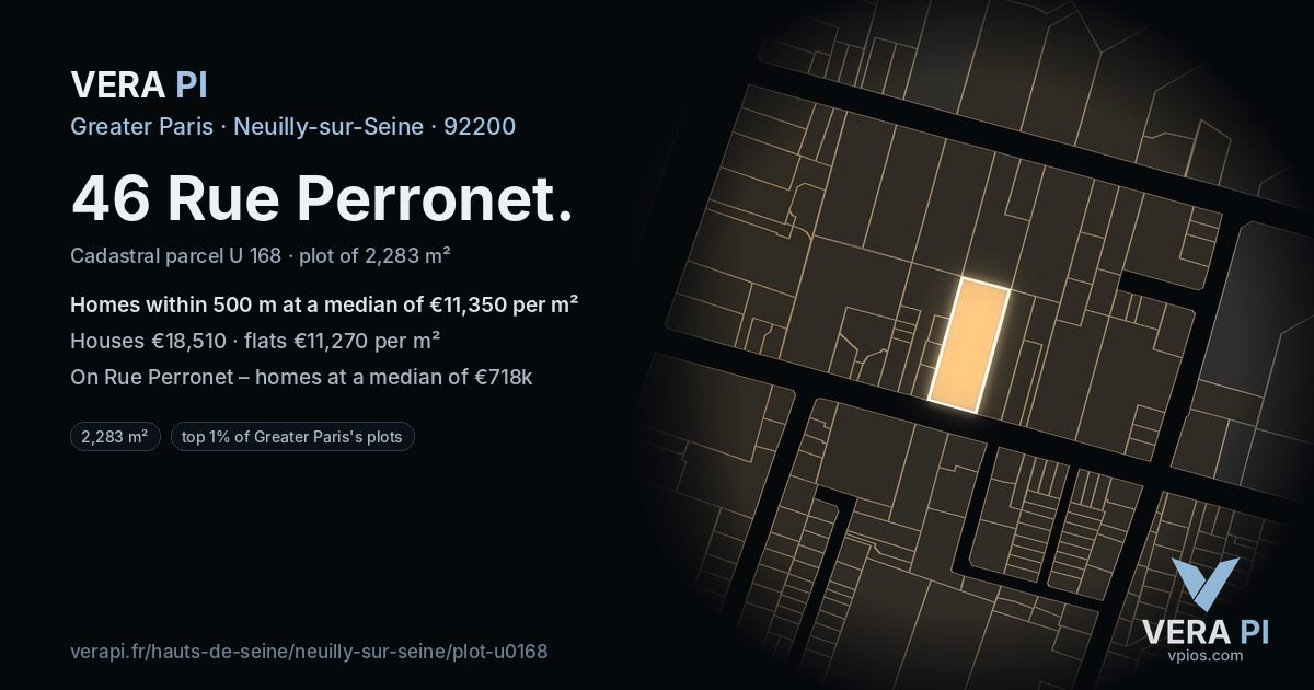 46 Rue Perronet, Neuilly-sur-Seine at night – the plot lit, the parcels around coloured by the prices near them