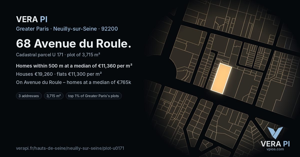 68 Avenue du Roule, Neuilly-sur-Seine at night – the plot lit, the parcels around coloured by the prices near them