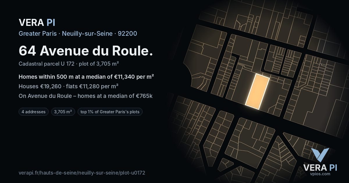 64 Avenue du Roule, Neuilly-sur-Seine at night – the plot lit, the parcels around coloured by the prices near them