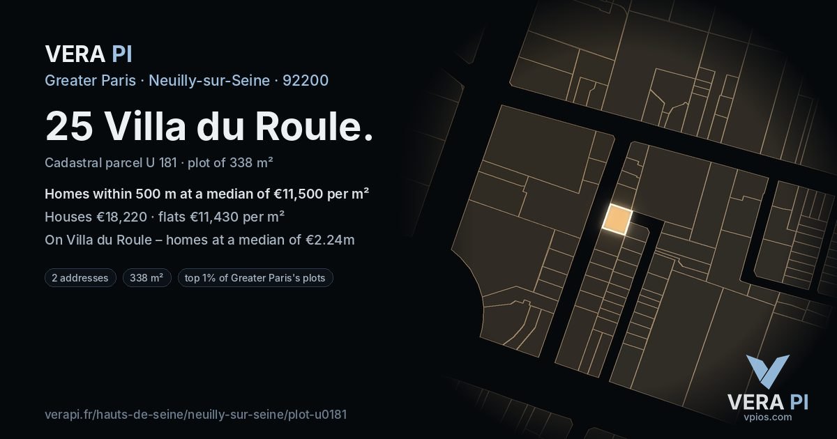 25 Villa du Roule, Neuilly-sur-Seine at night – the plot lit, the parcels around coloured by the prices near them