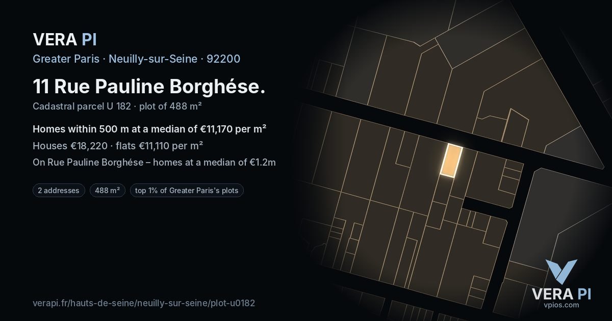 11 Rue Pauline Borghése, Neuilly-sur-Seine at night – the plot lit, the parcels around coloured by the prices near them