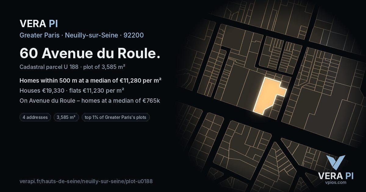 60 Avenue du Roule, Neuilly-sur-Seine at night – the plot lit, the parcels around coloured by the prices near them