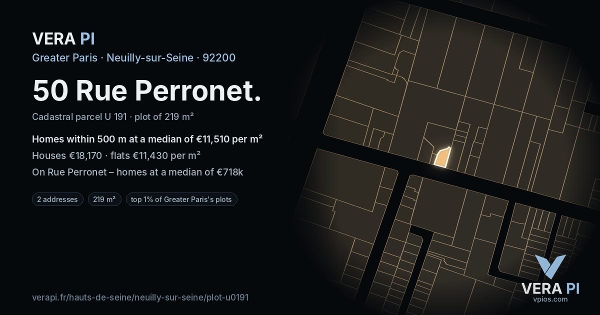 50 Rue Perronet, Neuilly-sur-Seine at night – the plot lit, the parcels around coloured by the prices near them