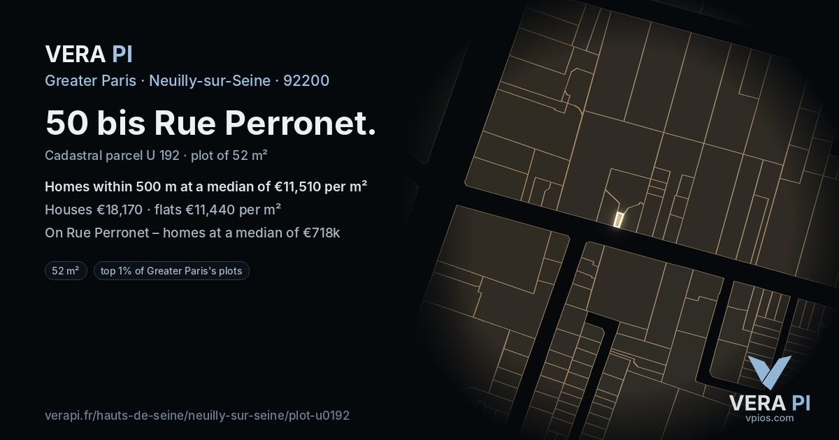 50 bis Rue Perronet, Neuilly-sur-Seine at night – the plot lit, the parcels around coloured by the prices near them