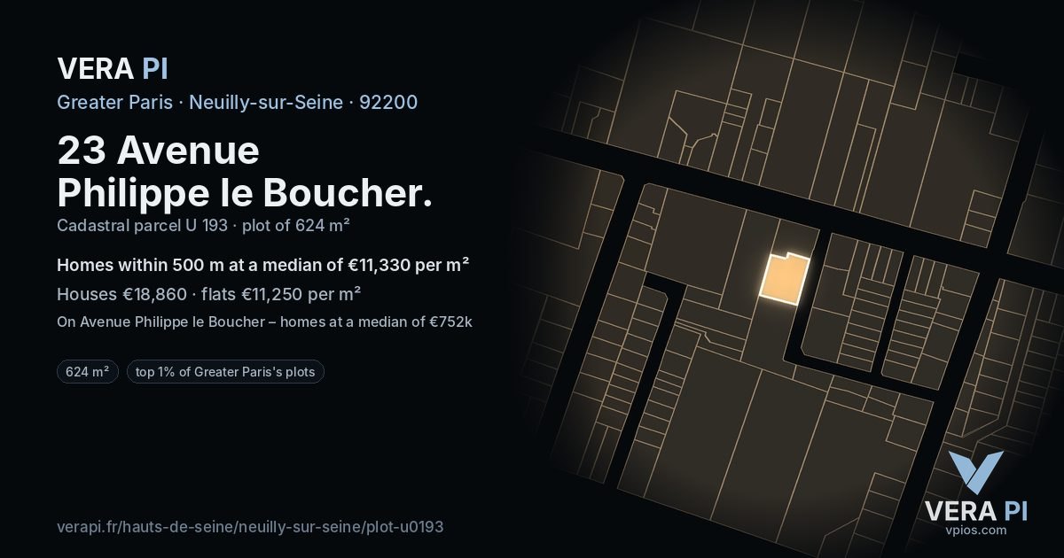 23 Avenue Philippe le Boucher, Neuilly-sur-Seine at night – the plot lit, the parcels around coloured by the prices near them
