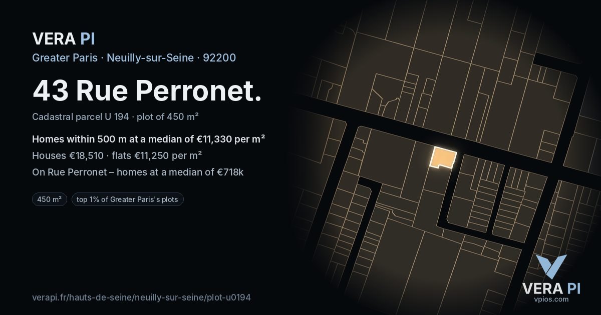 43 Rue Perronet, Neuilly-sur-Seine at night – the plot lit, the parcels around coloured by the prices near them