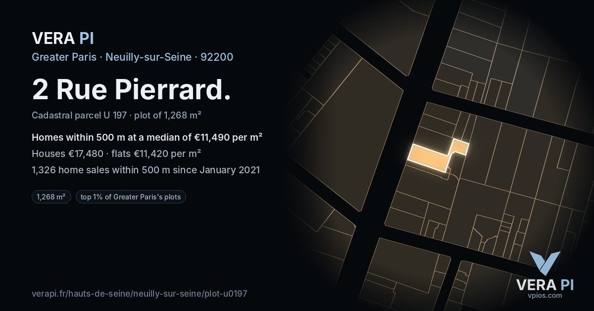2 Rue Pierrard, Neuilly-sur-Seine at night – the plot lit, the parcels around coloured by the prices near them