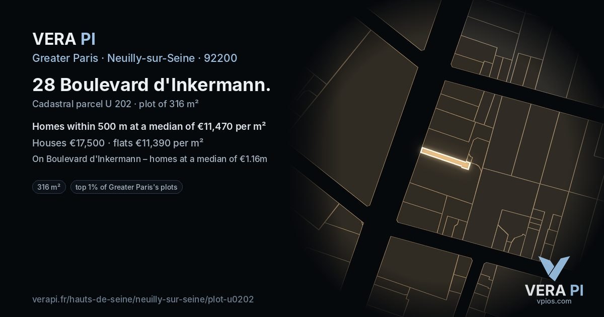 28 Boulevard d'Inkermann, Neuilly-sur-Seine at night – the plot lit, the parcels around coloured by the prices near them