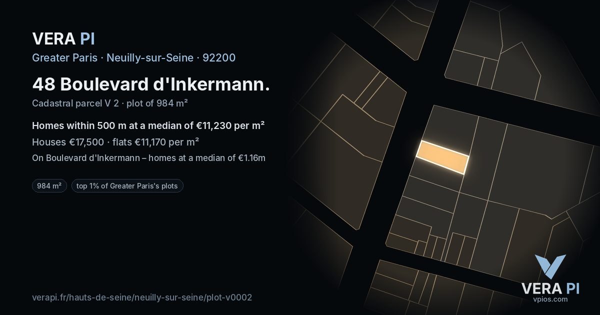 48 Boulevard d'Inkermann, Neuilly-sur-Seine at night – the plot lit, the parcels around coloured by the prices near them
