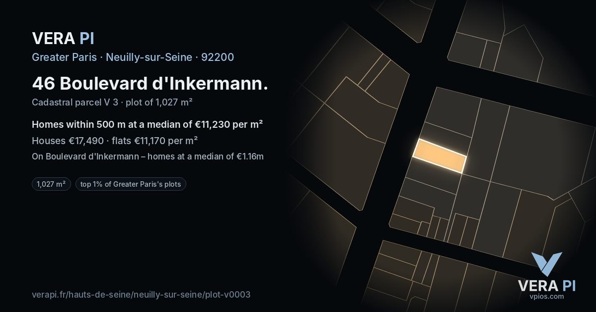 46 Boulevard d'Inkermann, Neuilly-sur-Seine at night – the plot lit, the parcels around coloured by the prices near them