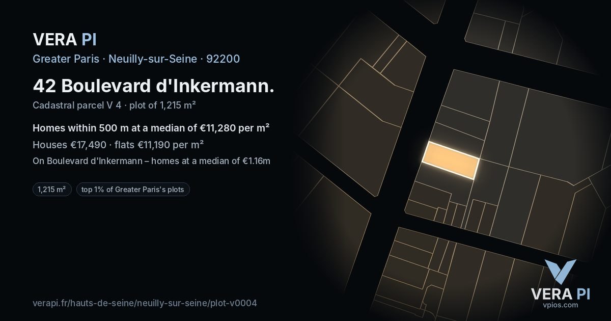 42 Boulevard d'Inkermann, Neuilly-sur-Seine at night – the plot lit, the parcels around coloured by the prices near them