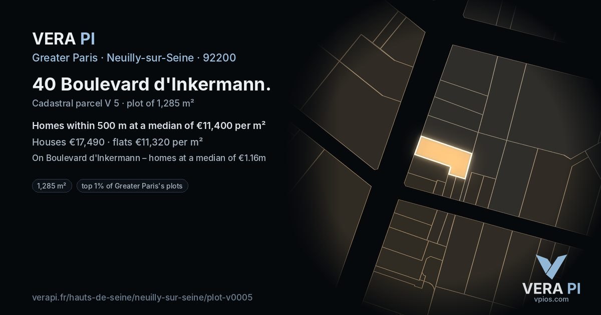 40 Boulevard d'Inkermann, Neuilly-sur-Seine at night – the plot lit, the parcels around coloured by the prices near them