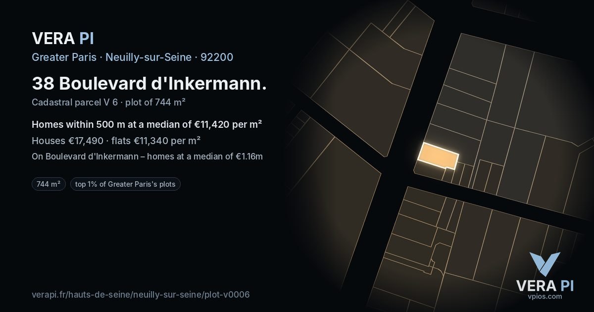 38 Boulevard d'Inkermann, Neuilly-sur-Seine at night – the plot lit, the parcels around coloured by the prices near them