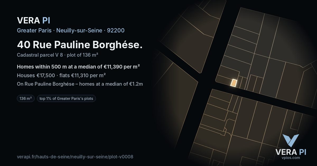 40 Rue Pauline Borghése, Neuilly-sur-Seine at night – the plot lit, the parcels around coloured by the prices near them