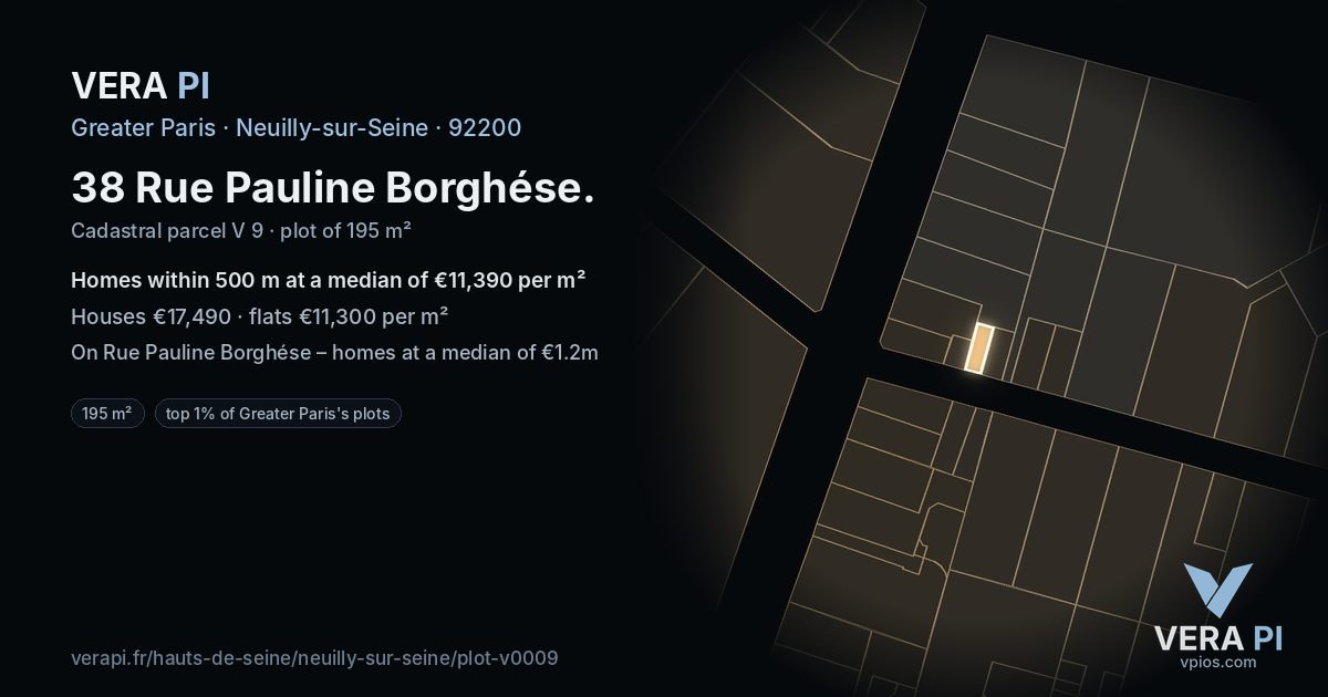 38 Rue Pauline Borghése, Neuilly-sur-Seine at night – the plot lit, the parcels around coloured by the prices near them
