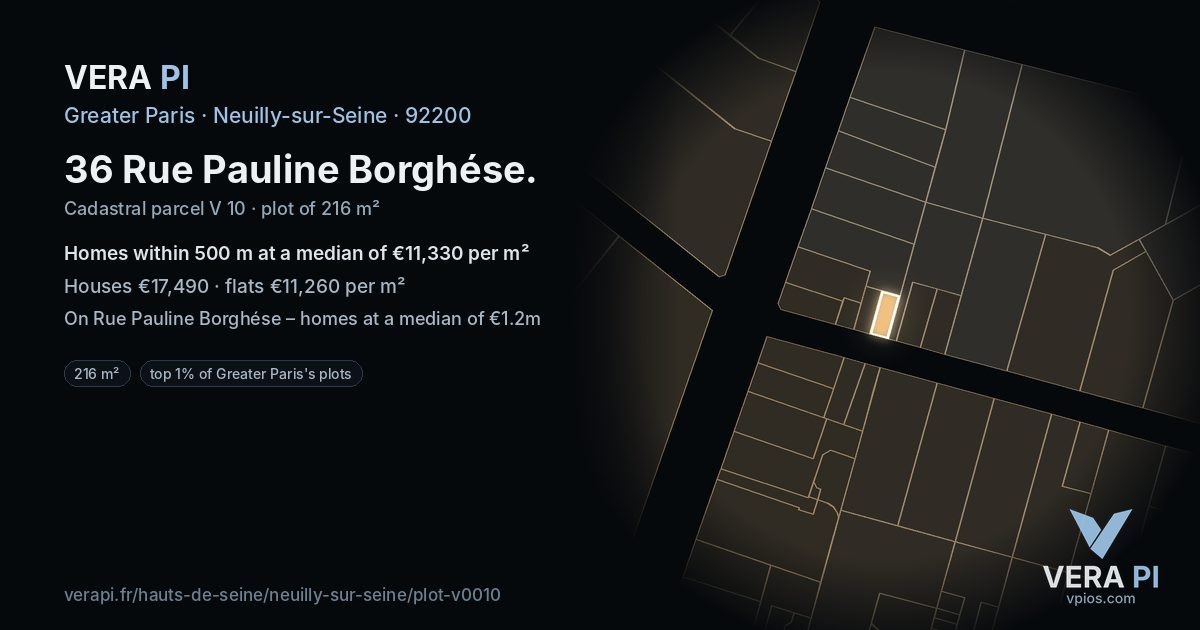 36 Rue Pauline Borghése, Neuilly-sur-Seine at night – the plot lit, the parcels around coloured by the prices near them