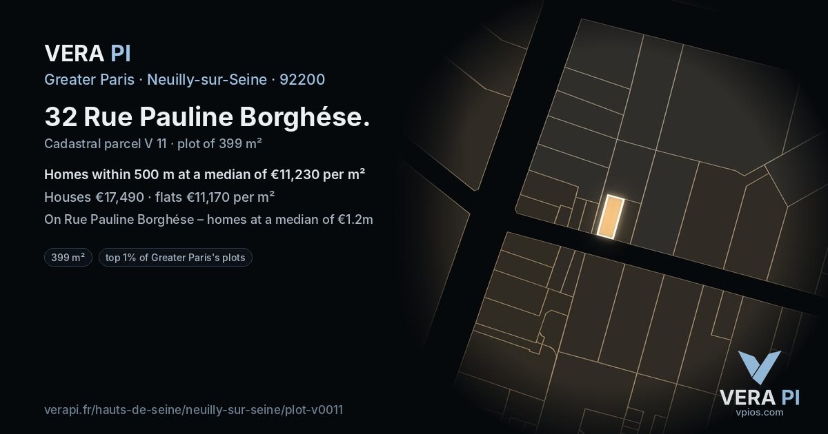 32 Rue Pauline Borghése, Neuilly-sur-Seine at night – the plot lit, the parcels around coloured by the prices near them