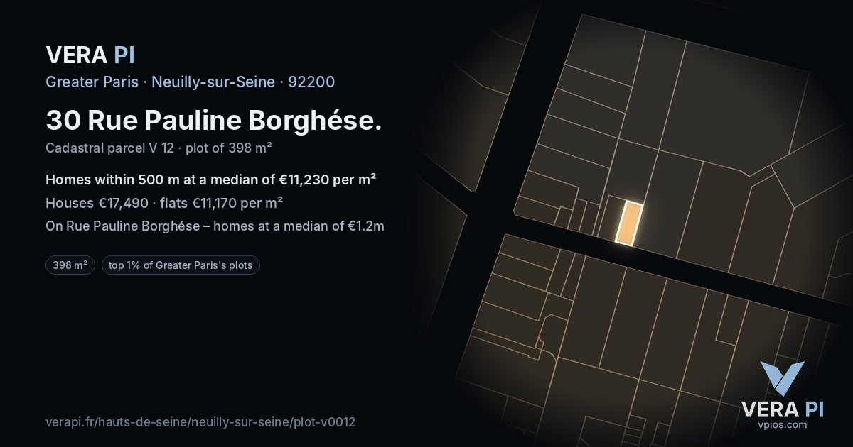 30 Rue Pauline Borghése, Neuilly-sur-Seine at night – the plot lit, the parcels around coloured by the prices near them