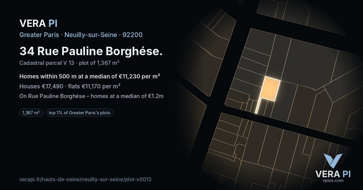 34 Rue Pauline Borghése, Neuilly-sur-Seine at night – the plot lit, the parcels around coloured by the prices near them