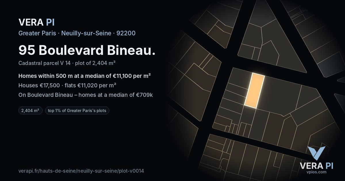 95 Boulevard Bineau, Neuilly-sur-Seine at night – the plot lit, the parcels around coloured by the prices near them