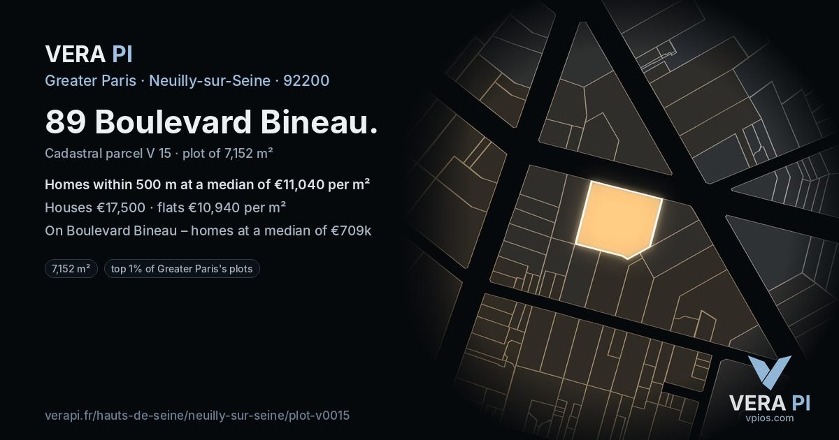 89 Boulevard Bineau, Neuilly-sur-Seine at night – the plot lit, the parcels around coloured by the prices near them