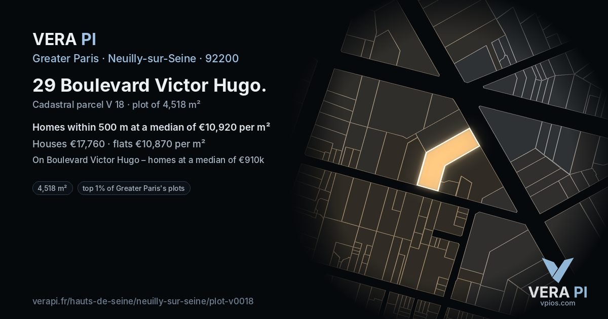 29 Boulevard Victor Hugo, Neuilly-sur-Seine at night – the plot lit, the parcels around coloured by the prices near them