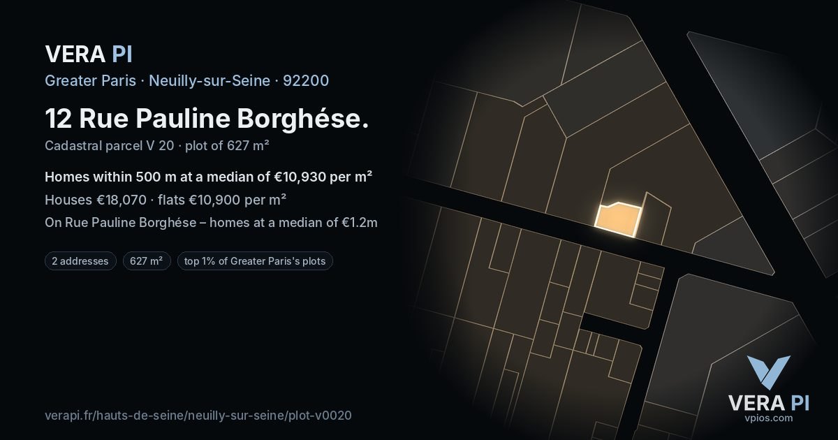 12 Rue Pauline Borghése, Neuilly-sur-Seine at night – the plot lit, the parcels around coloured by the prices near them