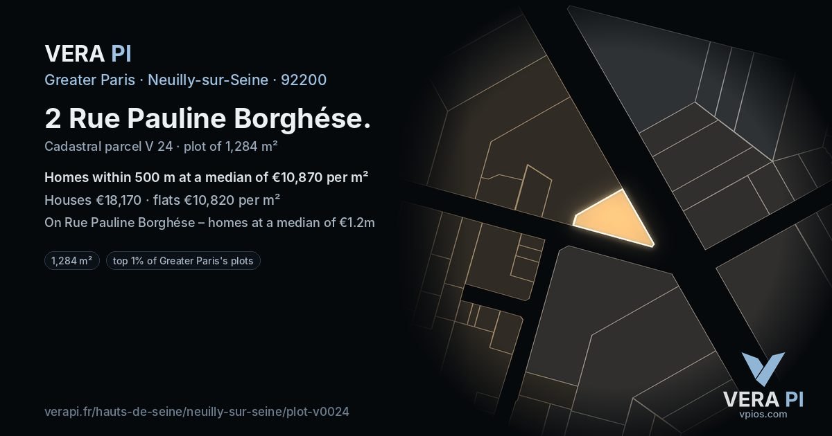 2 Rue Pauline Borghése, Neuilly-sur-Seine at night – the plot lit, the parcels around coloured by the prices near them