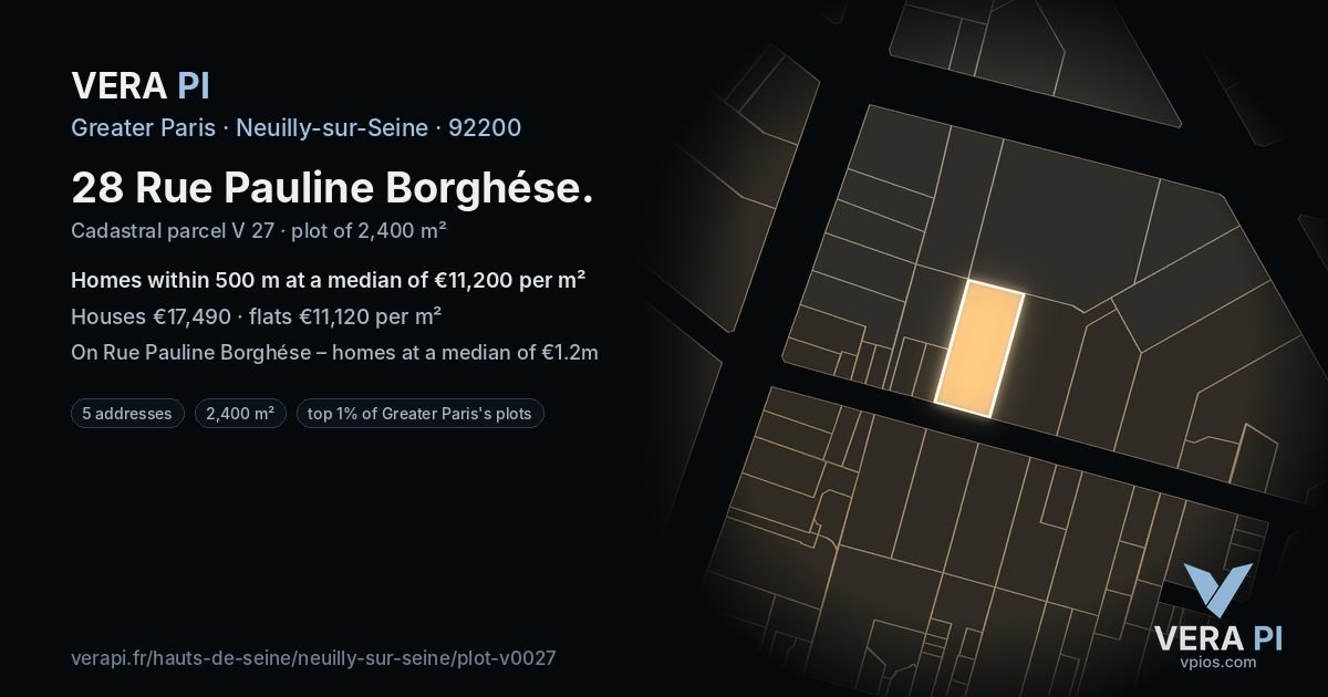 28 Rue Pauline Borghése, Neuilly-sur-Seine at night – the plot lit, the parcels around coloured by the prices near them