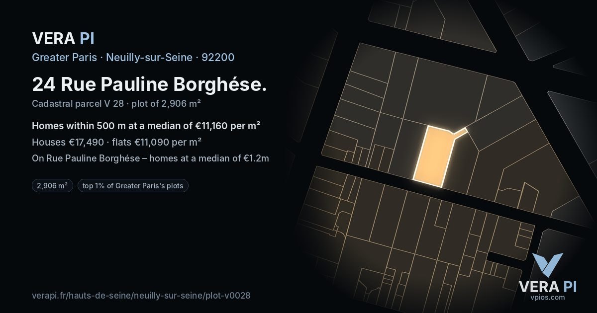 24 Rue Pauline Borghése, Neuilly-sur-Seine at night – the plot lit, the parcels around coloured by the prices near them