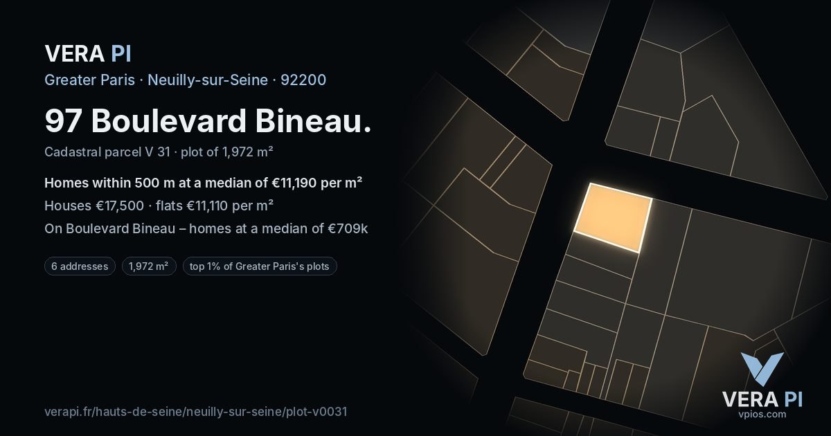 97 Boulevard Bineau, Neuilly-sur-Seine at night – the plot lit, the parcels around coloured by the prices near them