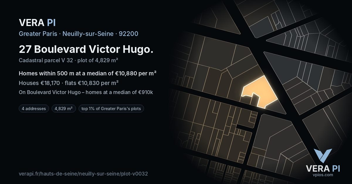 27 Boulevard Victor Hugo, Neuilly-sur-Seine at night – the plot lit, the parcels around coloured by the prices near them