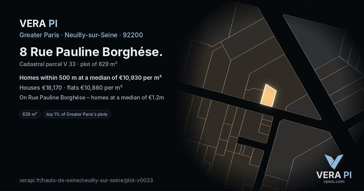 8 Rue Pauline Borghése, Neuilly-sur-Seine at night – the plot lit, the parcels around coloured by the prices near them