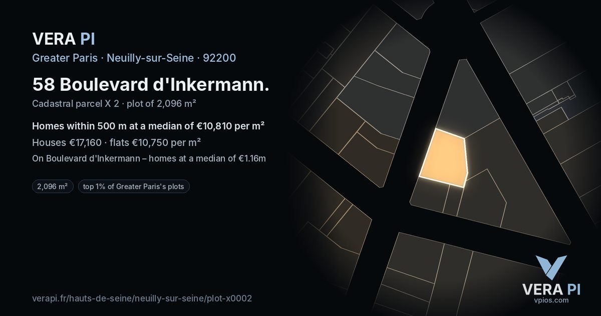 58 Boulevard d'Inkermann, Neuilly-sur-Seine at night – the plot lit, the parcels around coloured by the prices near them