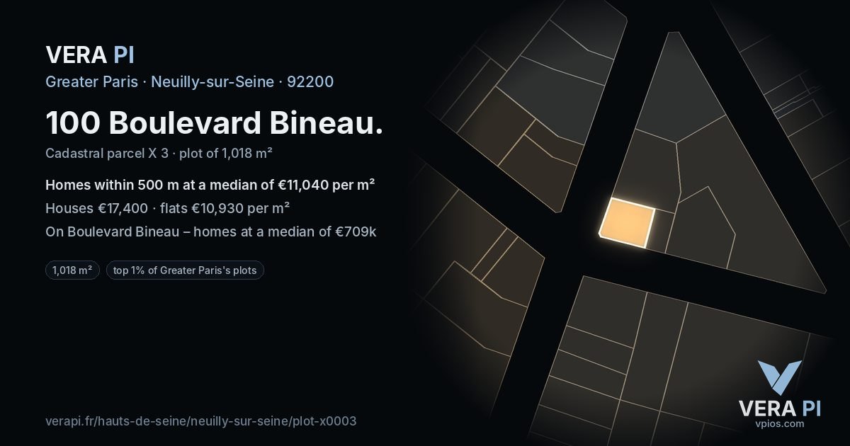 100 Boulevard Bineau, Neuilly-sur-Seine at night – the plot lit, the parcels around coloured by the prices near them
