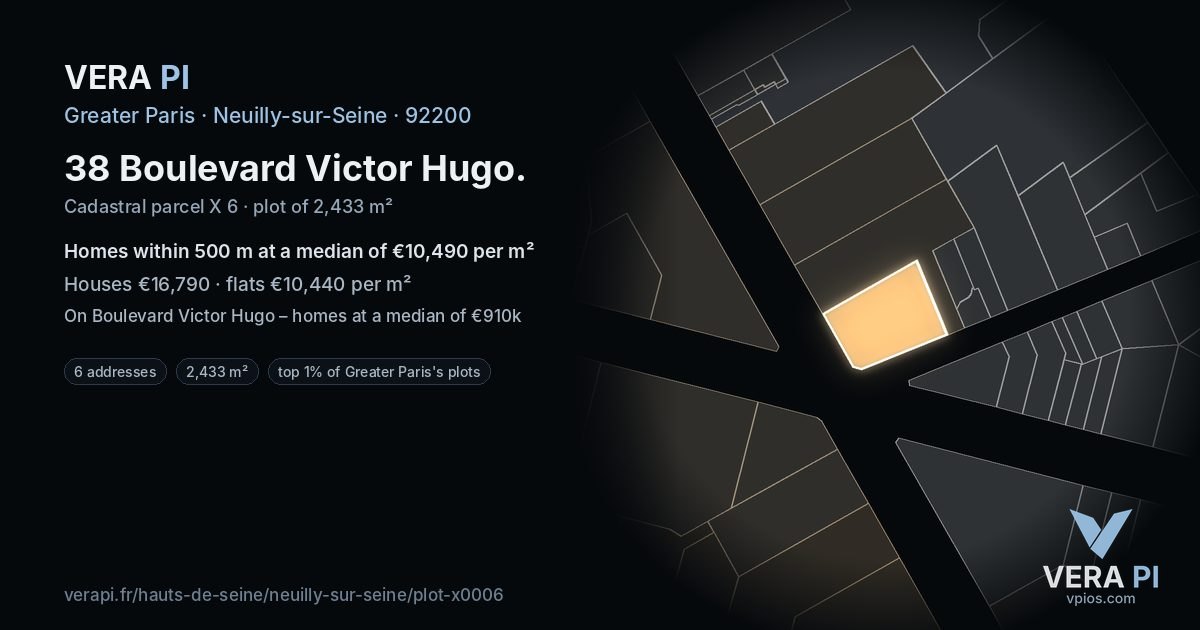38 Boulevard Victor Hugo, Neuilly-sur-Seine at night – the plot lit, the parcels around coloured by the prices near them