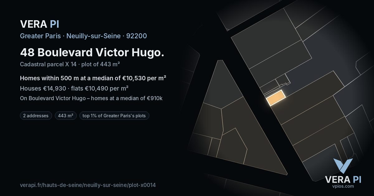 48 Boulevard Victor Hugo, Neuilly-sur-Seine at night – the plot lit, the parcels around coloured by the prices near them