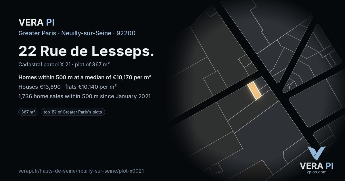 22 Rue de Lesseps, Neuilly-sur-Seine at night – the plot lit, the parcels around coloured by the prices near them