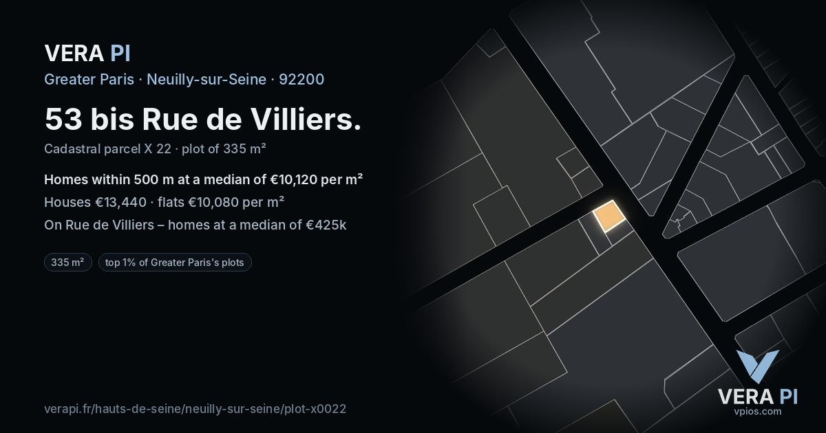 53 bis Rue de Villiers, Neuilly-sur-Seine at night – the plot lit, the parcels around coloured by the prices near them