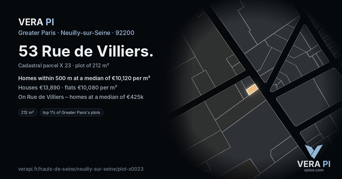 53 Rue de Villiers, Neuilly-sur-Seine at night – the plot lit, the parcels around coloured by the prices near them