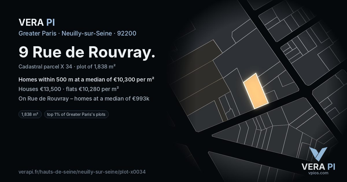 9 Rue de Rouvray, Neuilly-sur-Seine at night – the plot lit, the parcels around coloured by the prices near them