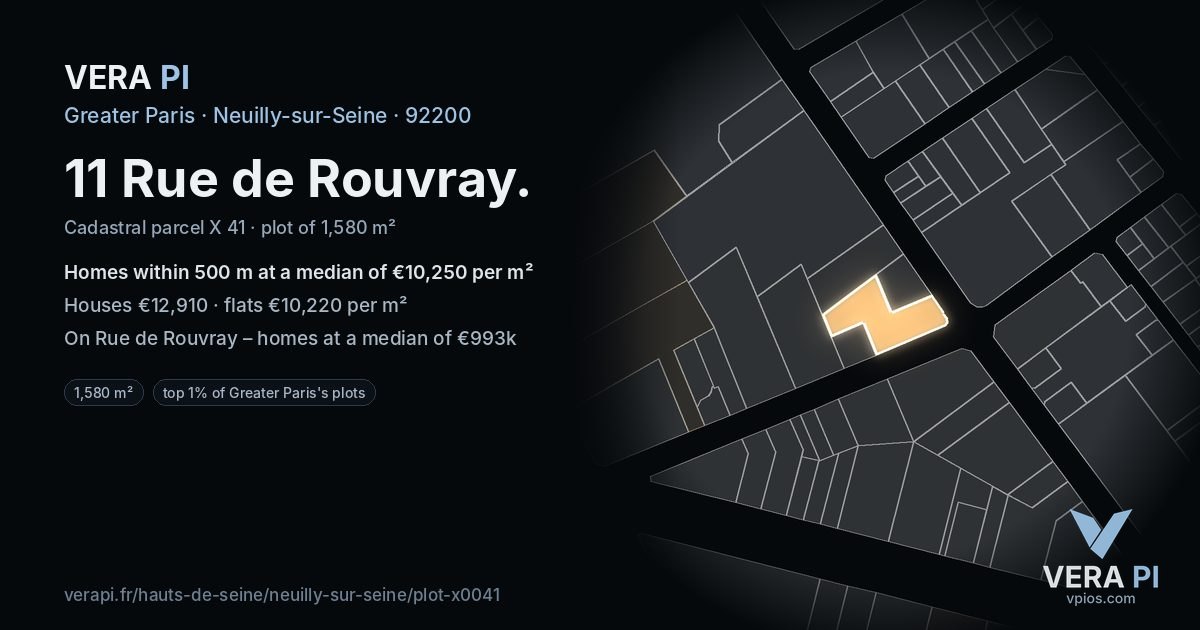 11 Rue de Rouvray, Neuilly-sur-Seine at night – the plot lit, the parcels around coloured by the prices near them