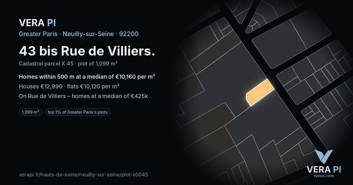 43 bis Rue de Villiers, Neuilly-sur-Seine at night – the plot lit, the parcels around coloured by the prices near them