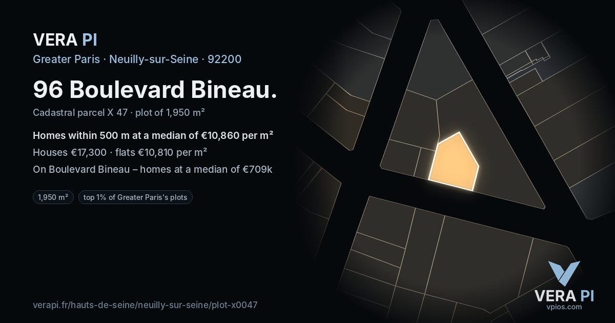 96 Boulevard Bineau, Neuilly-sur-Seine at night – the plot lit, the parcels around coloured by the prices near them