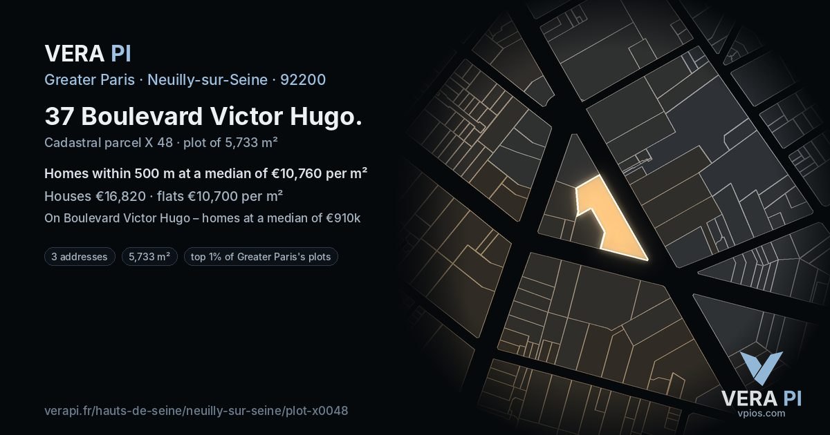 37 Boulevard Victor Hugo, Neuilly-sur-Seine at night – the plot lit, the parcels around coloured by the prices near them