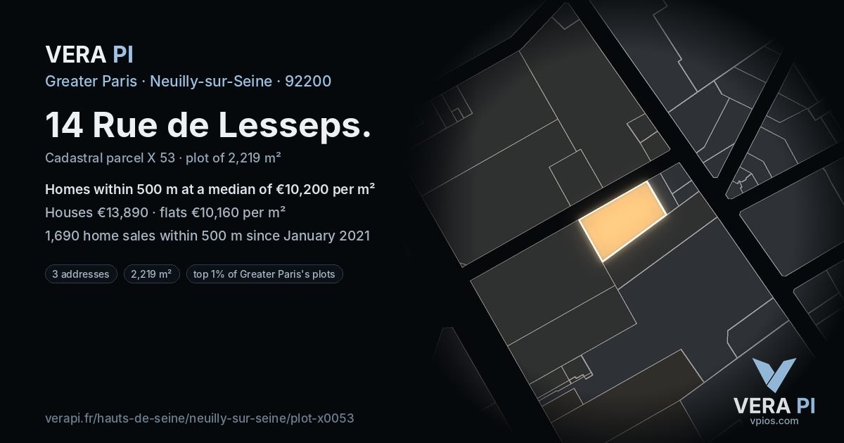 14 Rue de Lesseps, Neuilly-sur-Seine at night – the plot lit, the parcels around coloured by the prices near them