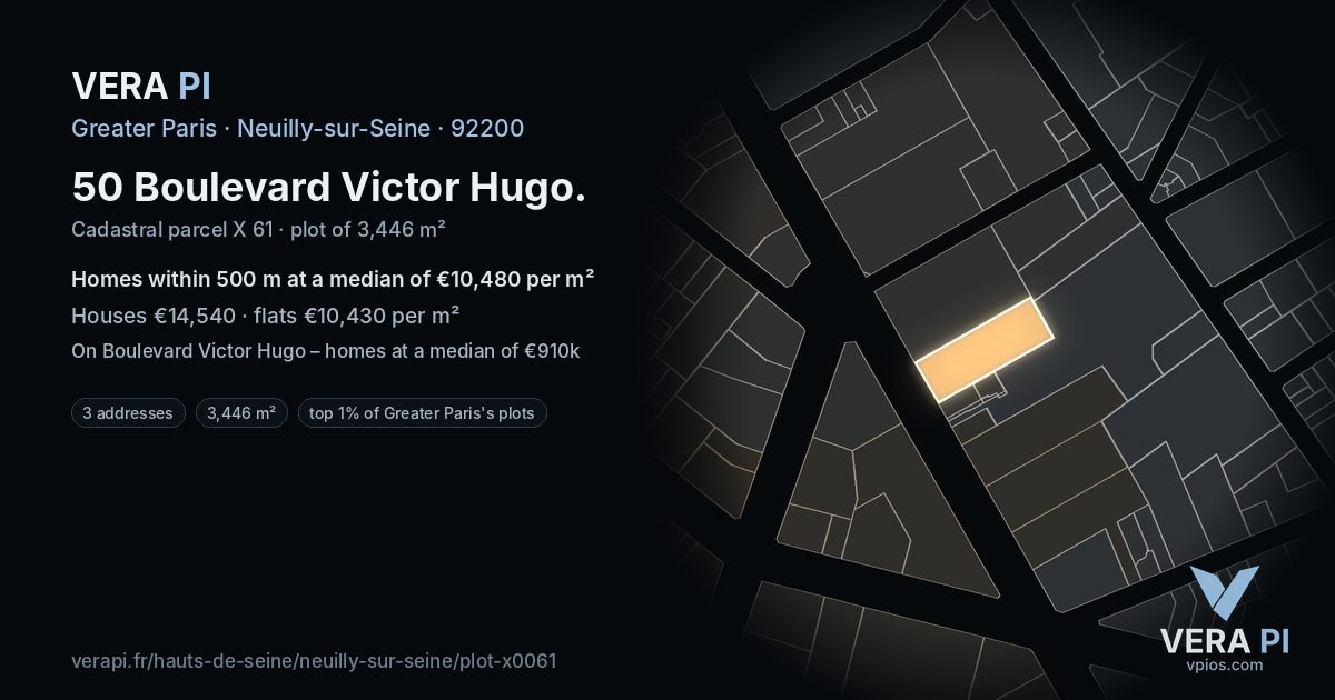 50 Boulevard Victor Hugo, Neuilly-sur-Seine at night – the plot lit, the parcels around coloured by the prices near them
