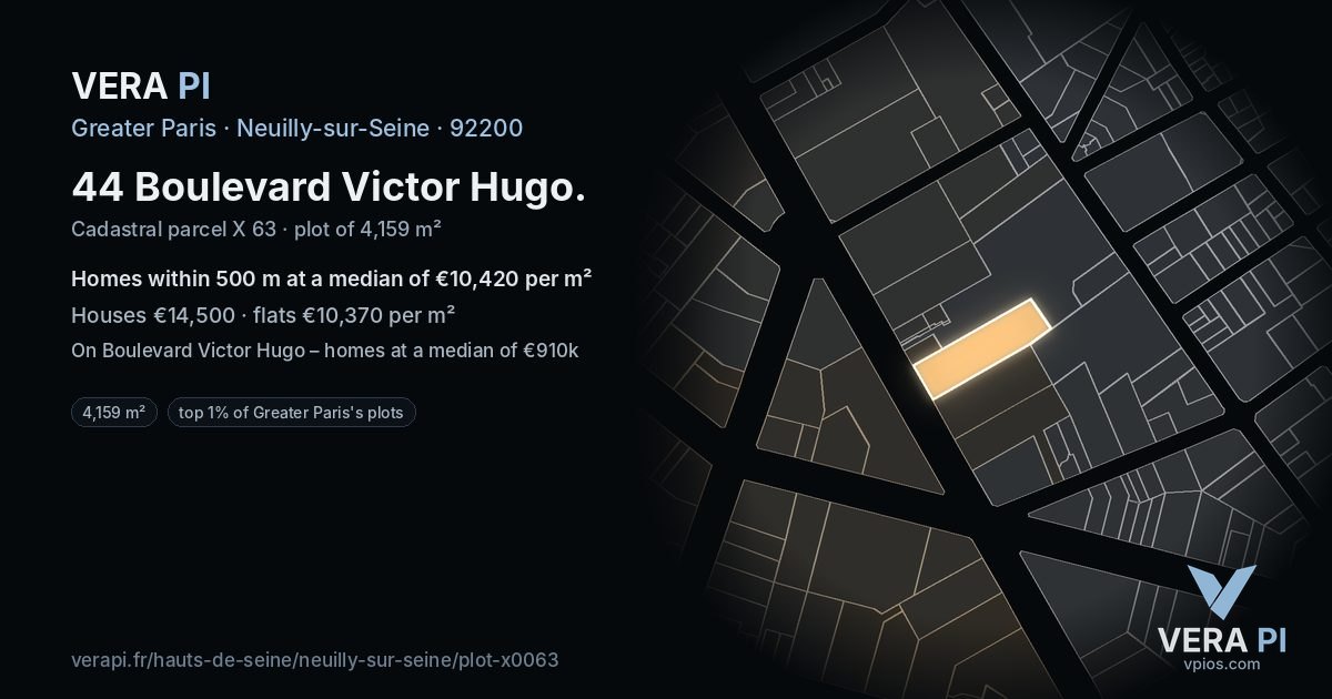 44 Boulevard Victor Hugo, Neuilly-sur-Seine at night – the plot lit, the parcels around coloured by the prices near them