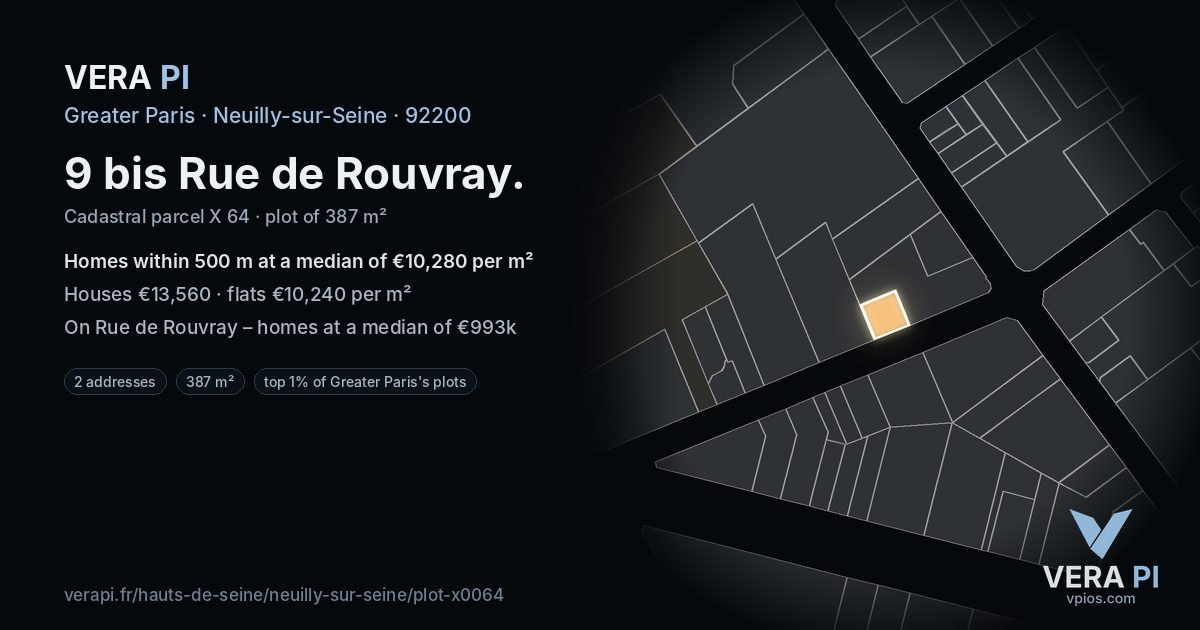 9 bis Rue de Rouvray, Neuilly-sur-Seine at night – the plot lit, the parcels around coloured by the prices near them